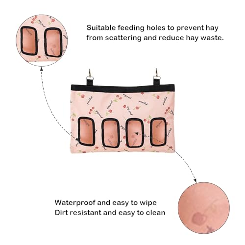 rabbit hay feeder bag large capacity rabbit hay bag small animal hanging hay bag 600d oxford cloth bunny hay feeder bag for rabbits guinea pigs chinchillas pink-4 holes-1pcs