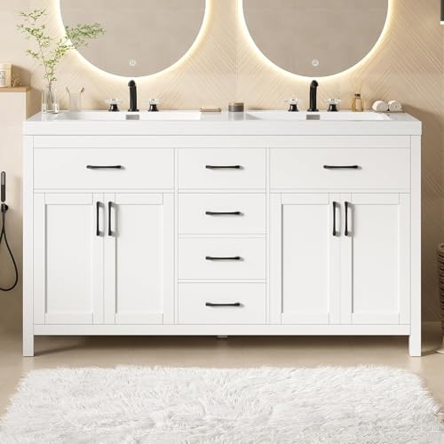 Virubi 60 in Double Sink Bathroom Vanity with Double Sinks, Soft Closing Doors and Flip Out Drawers, Solid Wood Frame & MDF Modern Wood Bathroom Sink Cabinet, Freestanding White