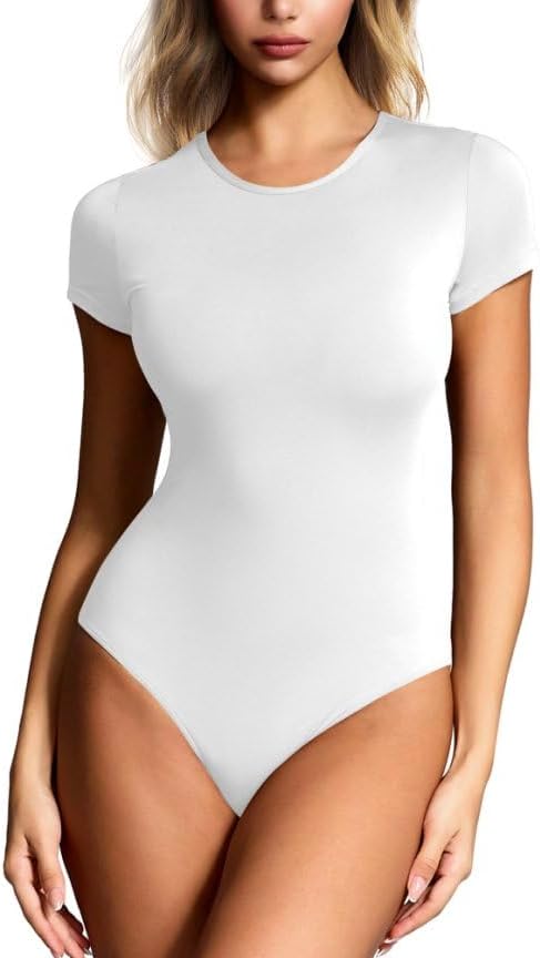 Women's Round Neck Short Sleeve Bodysuit Double-Lined Body Suits Basic T-Shirt Tops for Women