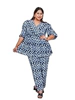 DEEBACO Women's Plus Size Rayon & Cotton Tunic & Straight Pants Suit|Office Wear for Women | 3/4 Sleeves Suit| Women Western Cord|Dress Set|Co Ord Set for Women (DBCO00000590_3XL_Blue)