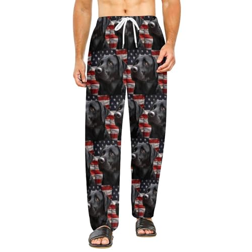 Black Labrador Lab Dog U.S.Flag Men's Pajama Pants Loose Fit Lounge Sleep Bottoms With Pockets
