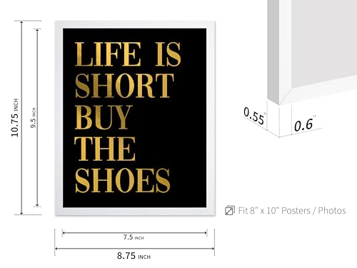 Image of Poster Master Life is Short Buy The Shoes Poster - Fashion Print - Positive Quote Art - Trendy Art - Gift for Women & Fashionista - Funny Wall Decor for Bedroom or Girls Room, 8x10 White Framed