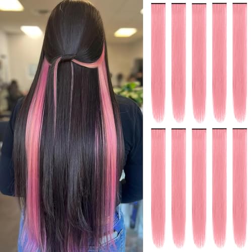 TOFAFA 22 inch Pink Hair Extensions,Color Party Highlights Clip in Long Straight Hairpiece Colorful Synthetic Hair Extensions for Women Girls Cosplay Styling Gift(10 PCS Pink)