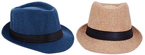 Zacharias Men's Fedora Round Hat Pack of 2 Blue & Beige Free Size