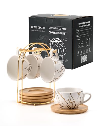 HOME DECOR Lot de 4 tasses à cappuccino empilables en céramique avec soucoupe et support en métal pour les amateurs de café, cappuccino, latte, americano et thé, 220 ml, blanc doré, 1399-4W