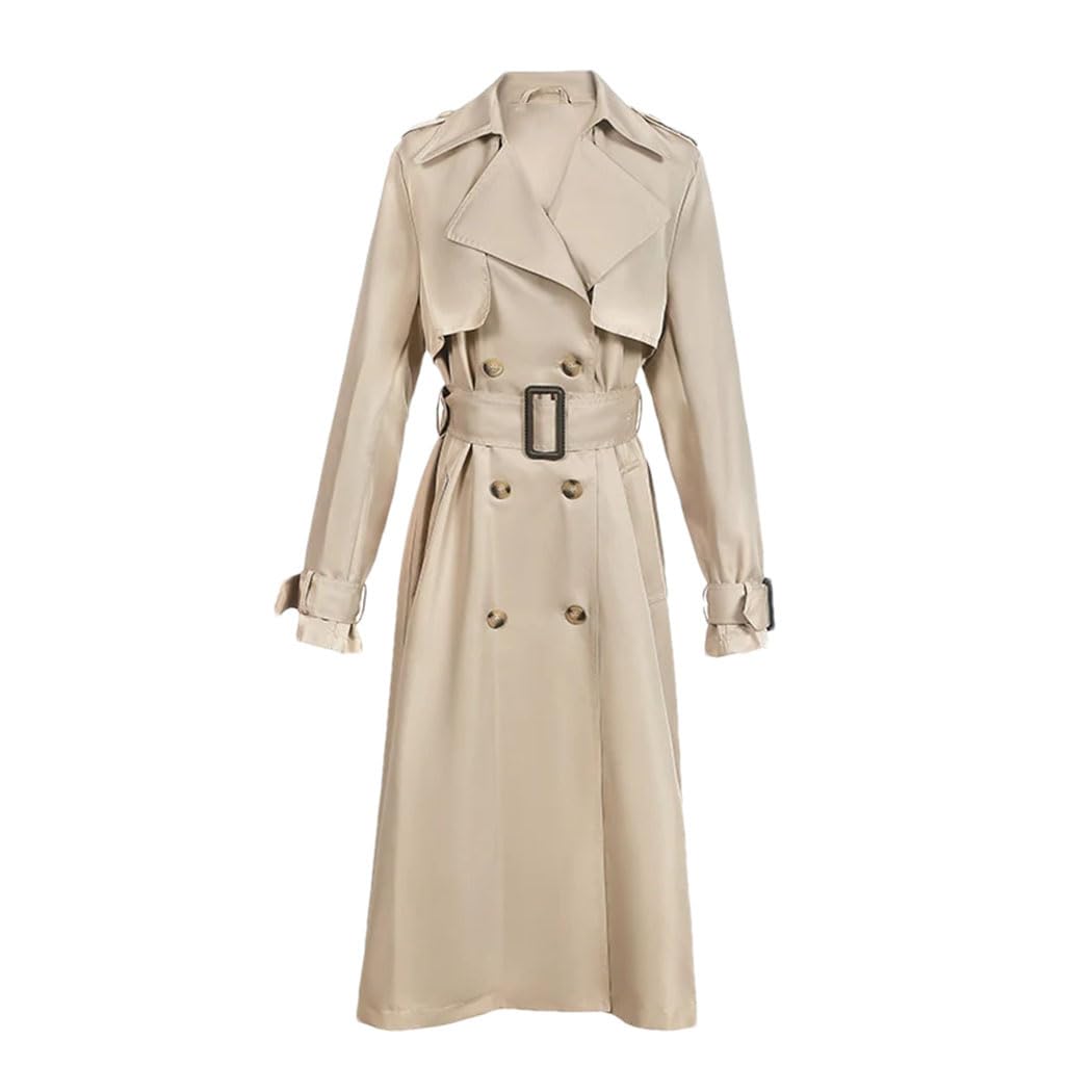 Womens Classic Double-Breasted Trench Coat Vintage Style Belted Long Sleeve Overcoat Solid Office Outerwear
