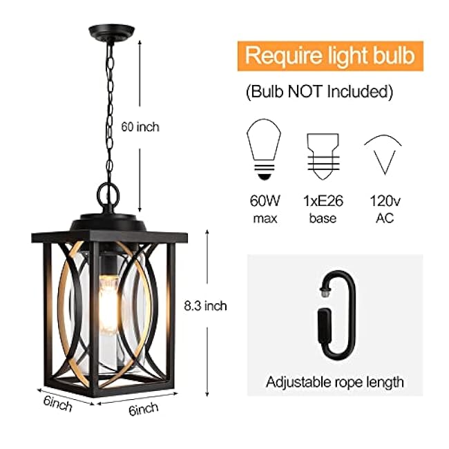 PARTPHONER Outdoor Pendant Light Fixture, Modern Black Exterior Hanging Lantern Anti-Rust Metal Hanging Lights with Clear Glass Shade and Adjustable Chain for Porch Foyer Doorway Front Door 1 Pack