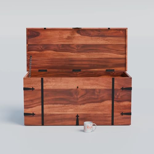 Image of Solid Sheesham Wood Trunk Box for Storage Wooden Center Coffee Table for Living Room Dcor | Multipurpose Wooden Center Table with Storage Box Cabinet with Iron Fittings | Honey Finish
