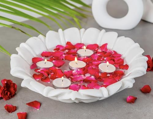 Image of Marble Urli Bowl for Decoration | Big Potpourri Decorative Bowls in Home decor | Large White Floating Flower Plates of Stone | Small Shape puja Item | (10 inch, Lotus Crest)