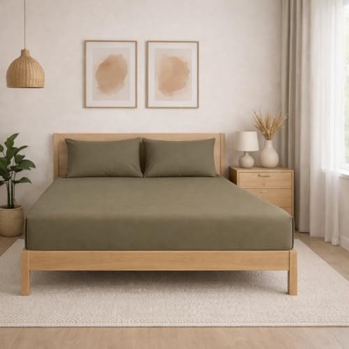 Image of THE HOME STYLE Solid Plain Cotton Feel Fitted Bedsheet (72x78 inches) with Reversible Comforter (90x100 inches) | King Size | 2 Pillow Covers | 300 TC | 4-Piece Bedding Set (Walnut)