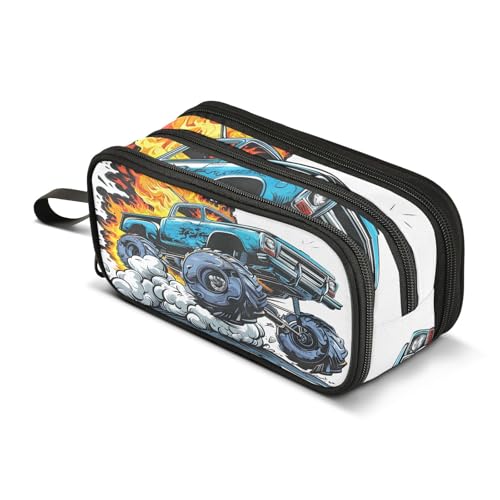 Image of Truck Flame Pencil Case Box Boys Girls Large Pencil Pouch with Zipper Compartments Big Capacity Stationery Pen Bag Organizer for Kids Teens Adults School