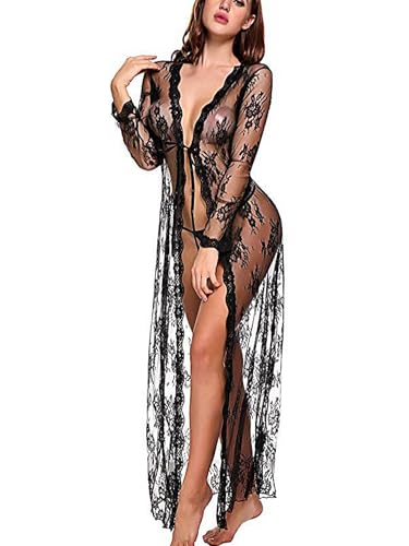 Women Sexy Robe Lace Sheer Long Kimono Nightgown Lingerie with G-string (Black Large)