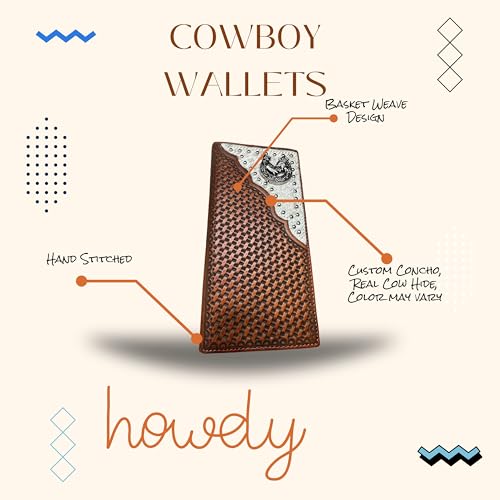 Men’s Long Leather Wallet – Basketweave Tooled with Cowhide Inlay and Six Shooter Pistol Concho – Western Cowboy Checkbook Bifold Wallet for Ranchers & Outlaws4