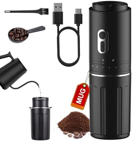 All-in-one Portable Electric Burr Coffee Grinder with Travel Mug, Rechargeable Coffee Bean Grinder Conical Burr, Battery Powered Cordless Portable Coffee Maker for Travel, Camping, Car