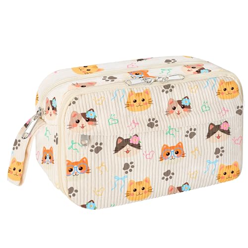 Image of WOBAGMEN Cute Pencil Case,Large Corduroy Zippered Pencil Case Pouch, aesthetic Pencil Bag with Compartments, Pencil Pouch School Supplies (HY-corduroy pc-cat)