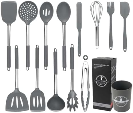 Silicone Kitchen Tools - Non - Stick, Anti - Slip, High - Temperature Resistant, Scald - Proof 14 - Piece Set with Stainless Steel Tube Handles & a Storage Bucket (Gray)