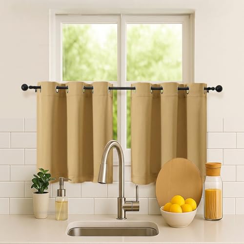 Image of Simplebrand Gold Short Kitchen Curtains 24 Inch Length 2 Panels Set, Small Windows Room Darkening Curtain for Bathroom, Cabinet, Basement, RV Camper, Thermal Insulated Short Drapes, 40 x 24 Inch