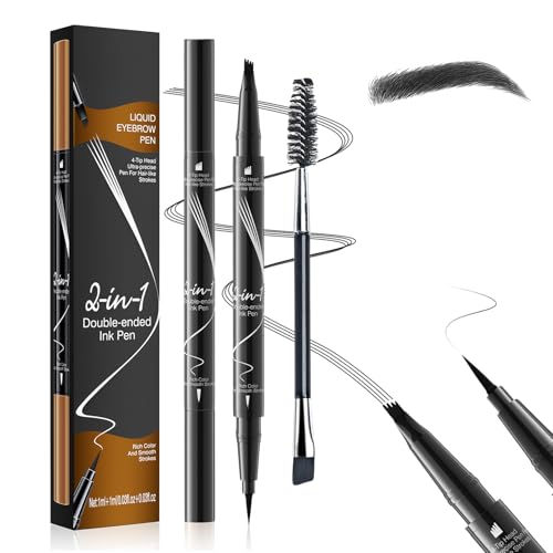 Lapiz Cejas Microblading 2 en 1, Lapiz de Cejas Impermeable con Punta de 4 Tenedores y Delineador, Consigue Efecto 3D Natural, Profesional Eyebrow Pencil (Negro)