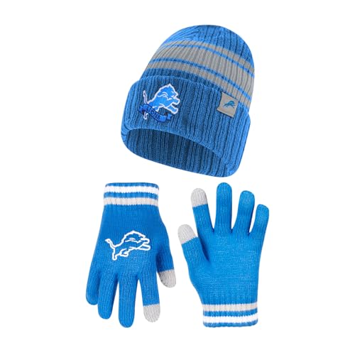 Ultra Game NFL Official Adults Super Soft Winter Beanie Knit Hat with Extra Warm Touch Screen Gloves, Detroit Lions, Team Color, 1SIZE