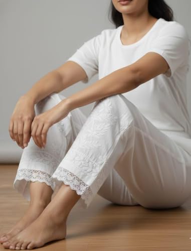 Image of Women's Cotton Palazzo Pants with Chikankari Embroidery, White, Mid Rise Regular fit, Casual Ethnic Wear