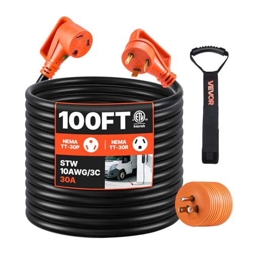 VEVOR 100 FT RV Extension Cord, 30 Amp, 125V 2500W Heavy Duty STW 10/3 Gauge Wire, NEMA TT-30P Male...