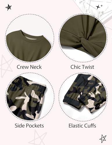 Image of NECIOUS Girls Fall Outfits 2 Piece Fashion Twist Front Pullover Sweatshirt and Camo Pants Clothing Sets 5-14Y