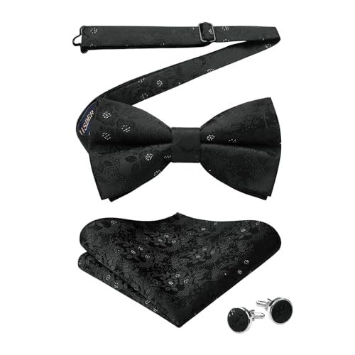 Image of HISDERN Bow Ties for Men Pre-Tied Bow Tie Floral Paisley Handkerchief Classic Formal Bowtie and Pocket Square Cufflinks Set