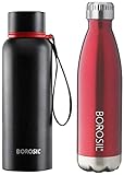 Borosil - Stainless Steel Hydra Trek - Vacuum Insulated Flask Water Bottle, Black, 700ML & Stainless Steel Trans Bolt - Vacuum Insulated Flask Water Bottle, Red, 750ML