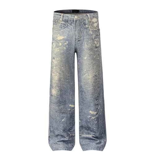 Jeans Pants Trouser Denim Retro Trendy Street Spray Dirty Personalized Wash Blue Straight Leg for Men
