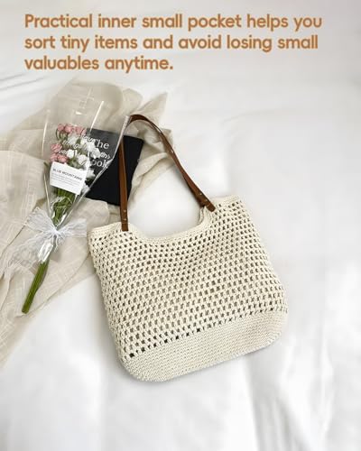 Bolso de playa tejido a ganchillo de paja, bolso tote bohemio con forro impermeable para vacaciones de verano, viajes y uso casual, bolso ligero de hombro miniatura 6