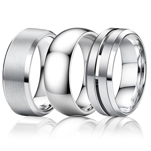 Besteel Mens Wedding Band Stainless Steel Rings for Men Women Silver Cool Simple Promise Engagement Ring Set Jewelry Gift Comfort Fit 6-14 8MM Anillos Para Hombre 3 Pcs Size 10