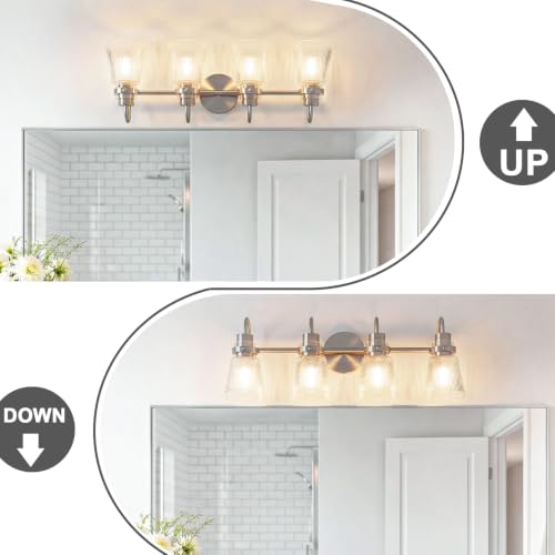 Image of 4-Light Bathroom Light Fixtures 25.7 Inch Brushed Nickel Vanity Lights for Bathroom Lighting Fixtures Over Mirror with Clear Striped Glass Shade for Mirror Bedroom Hallway