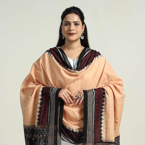 Image of Cotton Dupatta with weaving and Ikat woven border from the Weavers Stole for Girls & Women