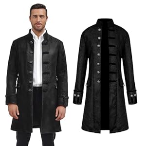 AFJIODUV ﻿Steampunk Mantel Herren, Mittelalter Vintage Viktorianisches Kostüm Herren, Gothic Mantel Halloween Karneval Cosplay Kostüm (Schwarz, L)