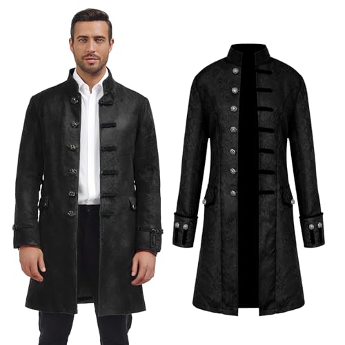 Ya en mundofriki.es: AFJIODUV Chaqueta steampunk para hombre, disfraz medieval vintage, abrigo gótico para hombre, gabardina de un solo botonadura, disfraz victoriano para hombre, para temática steampunk y Halloween