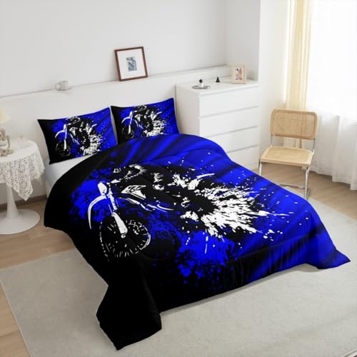 Image of Feelyou Kids Blue Black Ombre Comforter Set Twin Size, Dirt Bike Bedding Set Motocross Duvet Insert Boys Girls Teens Bedroom Decor Bed Set 2Pcs