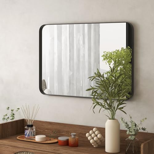 COSTWAY Espejo de Baño Rectangular 50x80 cm, Moderno Enmarcado en Metal con Esquinas Redondeadas para Vestidor/Lavadero/Entrada, Negro