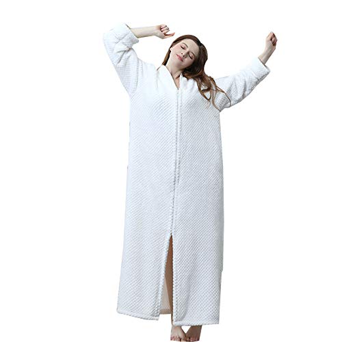 Unisex Long Zipper Bathrobe, Womens Men Flannel Fleece Robes Winter Warm Housecoat Nightgown Sleepwear Pajamas,F-L