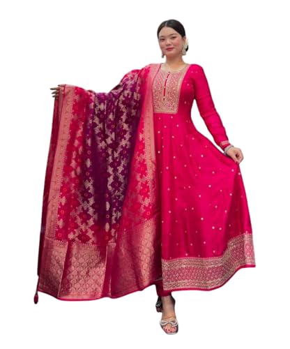 Image of by Pink Anarkali Flared Kurti Pant Dupatta Suit Set.