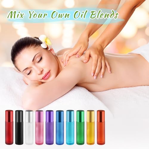 20 Pcs 10ml/0.34oz Frosted Glass Bottle Refillable Roller Bottles with Stainless Steel Roller Balls & Aluminum Screw Caps for Perfume Essential Oil Lip Gloss Travel - Multicolor4