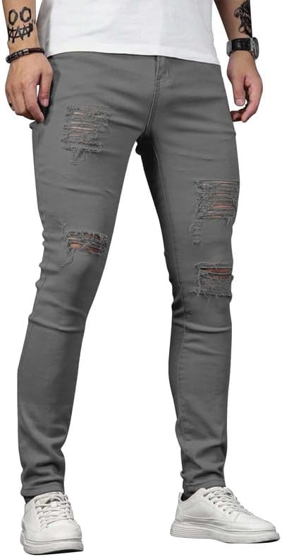 HUNGSON Men's Blue Slim Fit Jeans Stretch Destroyed Ripped Skinny Jeans Side Striped Denim Pants - Image 2