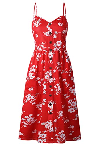 Image of YMING Womens Summer Spaghetti Strap Dresses Button Down Floral Sundress High Waist Swing Midi Dress with Pockets