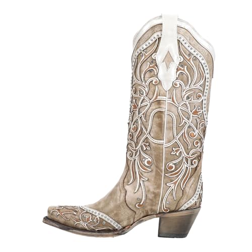 CORRAL LADIE'S WHITE OVERLAY & EMBROIDERY & STUDS & CRYSTALS, SNIP TOE, LEATHER SOLE, WESTERN, A38373