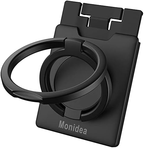 MonIdea Phone Ring Holder, Phone Grip Finger Kickstand Wireless Charging Friendly, 360°Rotation Metal Phone Ring Grip Stand Work with Magnetic Car Mount for iPhone Samsung iPad Tablets & More - Black