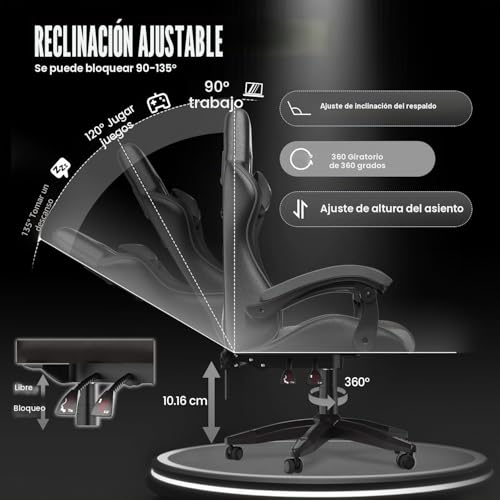 Miniatura 8 de Bigzzia Silla Gaming, Silla Ergonómica De Oficina En Cuero Pu, Regulable En Altura Con Soporte Lumbar Y Reposacabezas, Respaldo Reclinable 155 , Silla Gamer Adulto Niño Gray