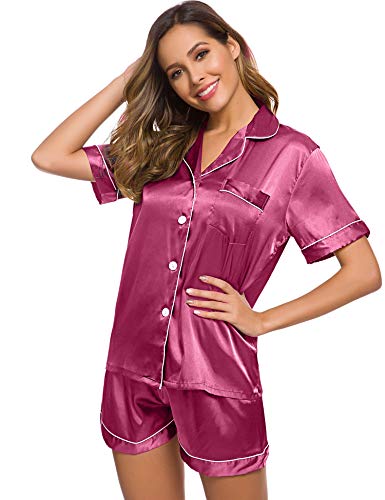 Image of SWOMOG Womens Pajamas Set Silk Satin Sleepwear Short Sleeve Nightwear Button Down Pj Lounge