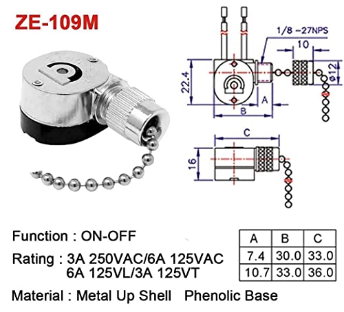 Image of Ceiling Fan Light Switch Metal Zing Ear ZE-109M,Two-Wire ON-Off Pull Chain Switch, Compatible with Hunter Ceiling Fan Light (Nickel)