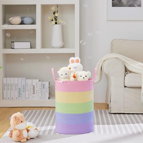 Image of VIPOSCO 58L Tall Woven Rope Laundry Hamper, Leather Handles, Rainbow | Large Wicker Laundry Basket for Dirty Clothes, Blanket, Toy, Towel, Yoga Mat, Storage Bin in Bedroom, Bathroom, Living Room