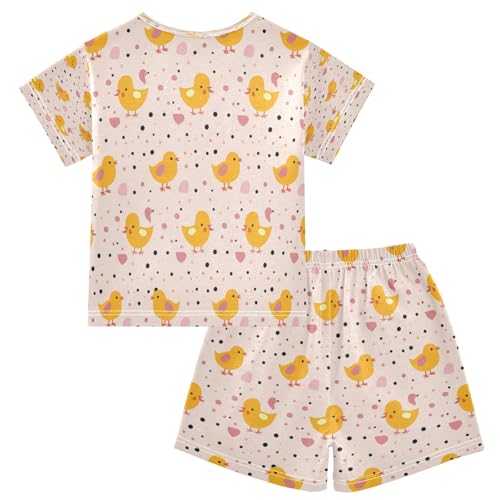 Yellow Duck in Dot Background Kids Pjs Set Boys Girls Summer Short-Sleeve Sleepwear Pajamas 2PCS2