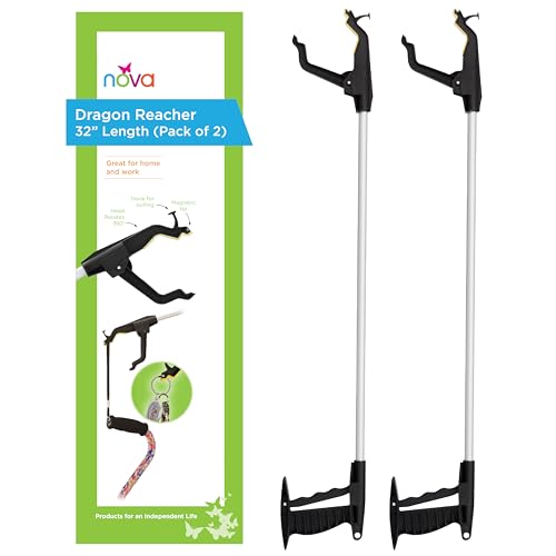 NOVA Reacher Grabber Tool for Seniors – 32” Lightweight Pick Up Stick with Rotating Claw, Magnetic Tip & Hook, Easy-Grip Handle, Daily Living Aid for Limited Mobility, 2-Pack